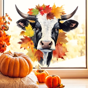 Autumn Cow Maple Leaf Static Cling Window Sticker Double Sided PVC Waterproof Glass Decal For Thanksgiving Home Decor