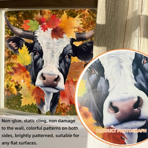 Double-sided fall cow and maple leaf static cling window sticker for glass surfaces