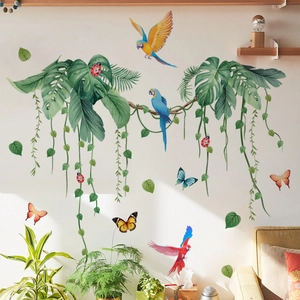 Tropical wall stickers featuring watercolor palm leaves, parrots and colorful butterflies