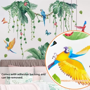 Tropical banana leaves wall sticker set with colorful macaws and butterflies