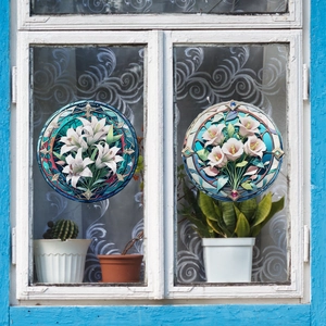 Stained Glass Style Static Cling Window Stickers Lily Floral Pattern Double Sided Visible Decorative Glass Film Decals