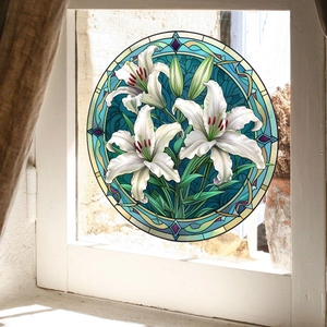Retro 3D floral window film with white lilies and blue mosaic stained glass circular pattern
