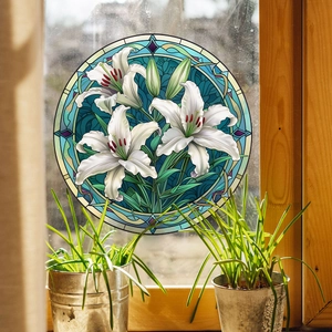 Round 3D static window film with vintage white lilies and green leaves on glass