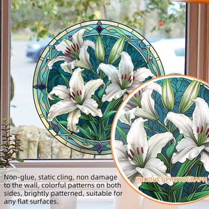 Round 3D static cling glass film featuring white lilies and green leaves for windows