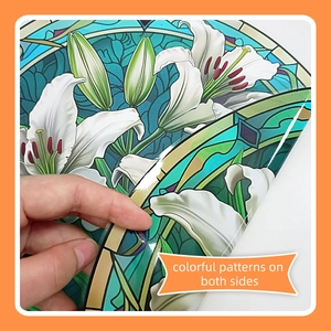 Detail showing double-sided floral 3D glass window film with colorful lily patterns
