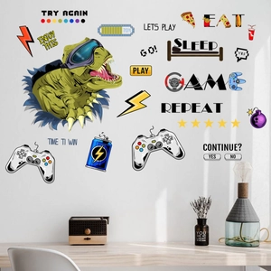 Stickers Muraux Dinosaure Dessin Animé Gaming PVC Autocollants Décoratifs Pour Chambre d'Enfant Salle de Jeux Eat Sleep Game Repeat