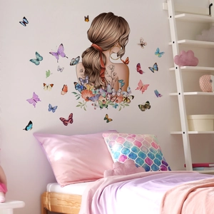 Watercolor butterfly girl wall decal set for bedroom decor on white wall background