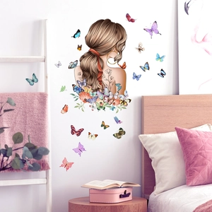 Girl with floral tattoo and colorful butterflies self-adhesive wall sticker for bedroom décor