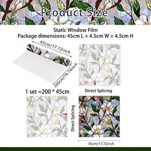 Size chart for floral static window film showing dimensions of 45x200cm and splicing guide