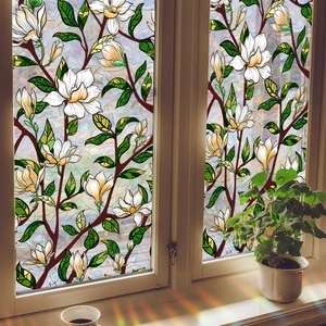 Rainbow magnolia floral static cling window film for decorative privacy on glass surfaces