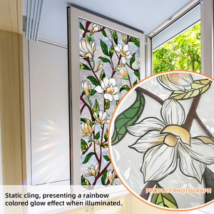 Rainbow magnolia flower static cling window decal with decorative sun catcher effect