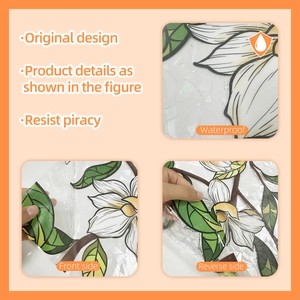 Waterproof floral static cling film for glass showing front and reverse side effects