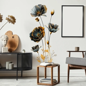 Handgemalte Wandtattoo Blumen in Schwarz und Gold für moderne Wohnzimmer Wanddekoration