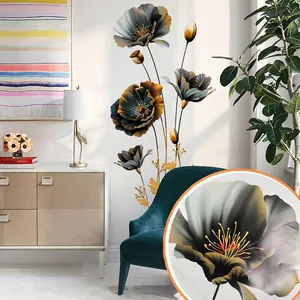 Künstlerische Schwarz Gold Blume Wandsticker Modern Handgemalt Floral Tapete PVC Wasserdicht Aufkleber Für Wohnzimmer Schlafzimmer Deko