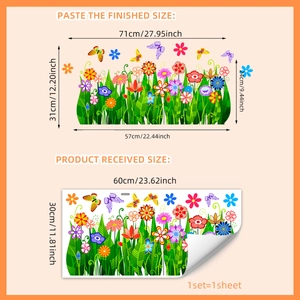 Green floral garden glass window stickers set with colorful flowers and butterflies