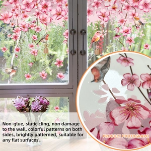 Double-sided floral static cling window sticker with pink cherry blossoms and realistic birds