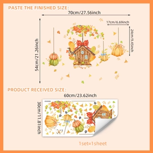 Autumn harvest window stickers with watercolor cabin, pumpkin and fall leaves designs