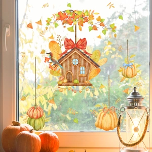 Autumn Thanksgiving Window Clings Static PVC Stickers Pumpkin Maple Leaf Cabin Double Sided Fall Home Decor Watercolor Decals