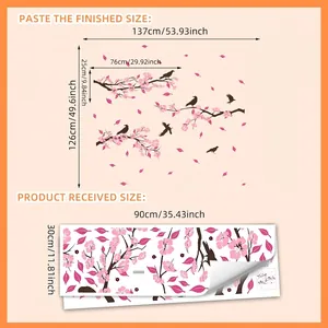 Floral wall decal with hand-painted peach blossoms and birds, PVC self-adhesive wall art