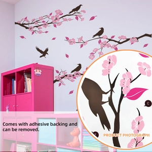 Self-adhesive PVC wall decal featuring peach blossoms and birds for living room decor
