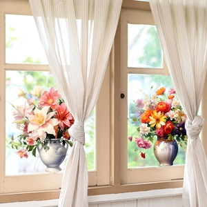 Vintage Flower Pot Window Stickers Static Cling PVC Glue Free Double Sided Floral Glass Decals For Living Room Bedroom Office