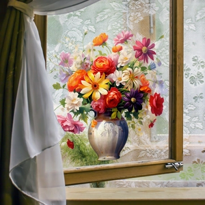 European oil painting style floral window cling with colorful flowers in a vase decor