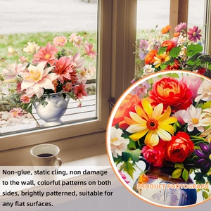 Static cling vintage flower pot window decals with double-sided colorful floral design