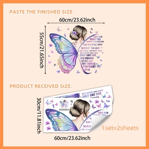 Creative wall sticker featuring a girl with butterfly wings and inspirational quotes