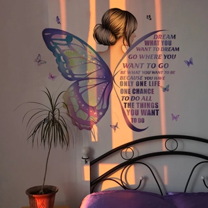 Butterfly girl wall sticker with purple gradient wings and inspirational English quotes
