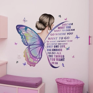 Butterfly Girl Silhouette Wall Sticker PVC Waterproof Removable Inspirational Quotes Decor For Girls Bedroom Living Room