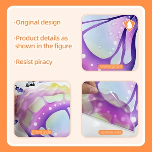 Detail of waterproof butterfly wall sticker showing colorful gradient wings and water droplets