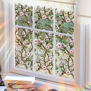 Rainbow Window Film Static Cling Pink Floral Hummingbird Privacy Glass Decals Decorative Waterproof Home Decor