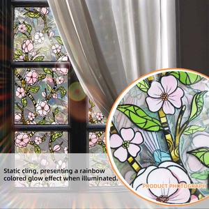 Pink floral static cling window film with rainbow effect for decorative glass surface
