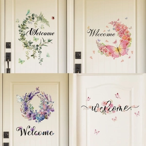 Watercolor Floral Butterfly Welcome Sign Wall Stickers Waterproof PVC Door Decals For Bedroom Bathroom Home Decor