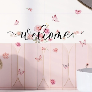 Floral Welcome wall stickers with watercolor pink roses and butterflies for home decor