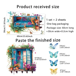 Spécifications de taille pour stickers muraux fenêtre 3D avec fleurs et papillons colorés