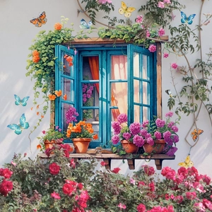Détail d'autocollant mural fenêtre 3D avec fleurs en pot et papillons colorés vibrants