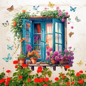 Sticker mural fenêtre arche 3D avec fleurs de jardin et papillons colorés décor