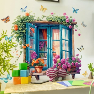 Sticker mural 3D avec fenêtre bleue en arche, fleurs colorées et papillons décoratifs