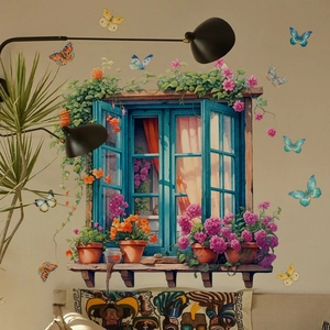 Sticker mural 3D avec fenêtre en bois bleu vintage, fleurs colorées et papillons