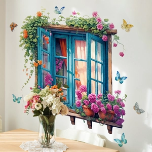 Sticker mural 3D fenêtre avec fleurs roses et papillons sur un mur blanc propre