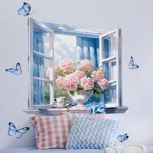 Sticker mural 3D fenêtre avec roses roses et papillons bleus pour décoration maison