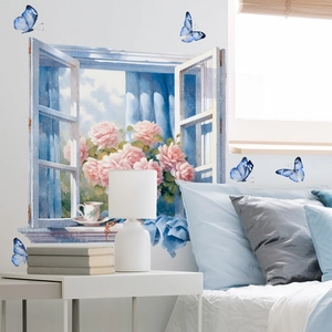 Sticker mural fenêtre 3D avec roses aquarelles et papillons bleus en relief décoratif