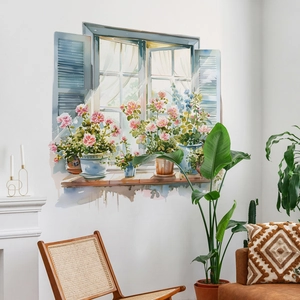 Sticker mural 3D avec fenêtre bleue et fleurs roses dans un salon de style moderne