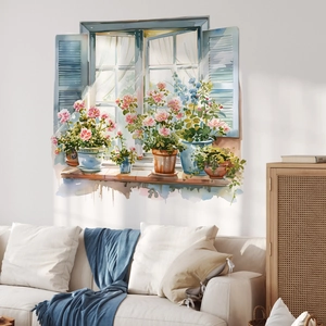 Sticker mural fenêtre aquarelle avec volets bleus et fleurs roses dans un salon chaleureux