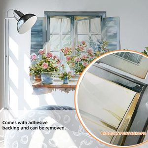 Détail de l'autocollant mural fenêtre avec fleurs aquarelles et support auto-adhésif