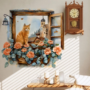 Détail macro du sticker mural 3D fenêtre avec chat, roses orange et paysage de ville