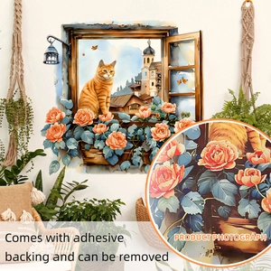 Sticker mural 3D fenêtre avec chat orange et fleurs aquarelle pour décoration intérieure