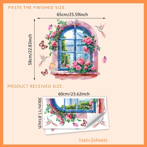 Sticker mural fenêtre 3D avec roses roses, colibris et papillons en détail