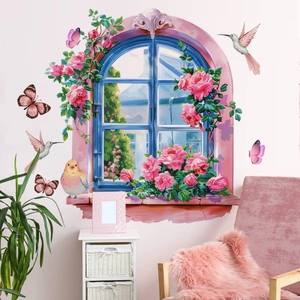 Sticker mural 3D avec fenêtre en arc, fleurs roses et papillons colorés